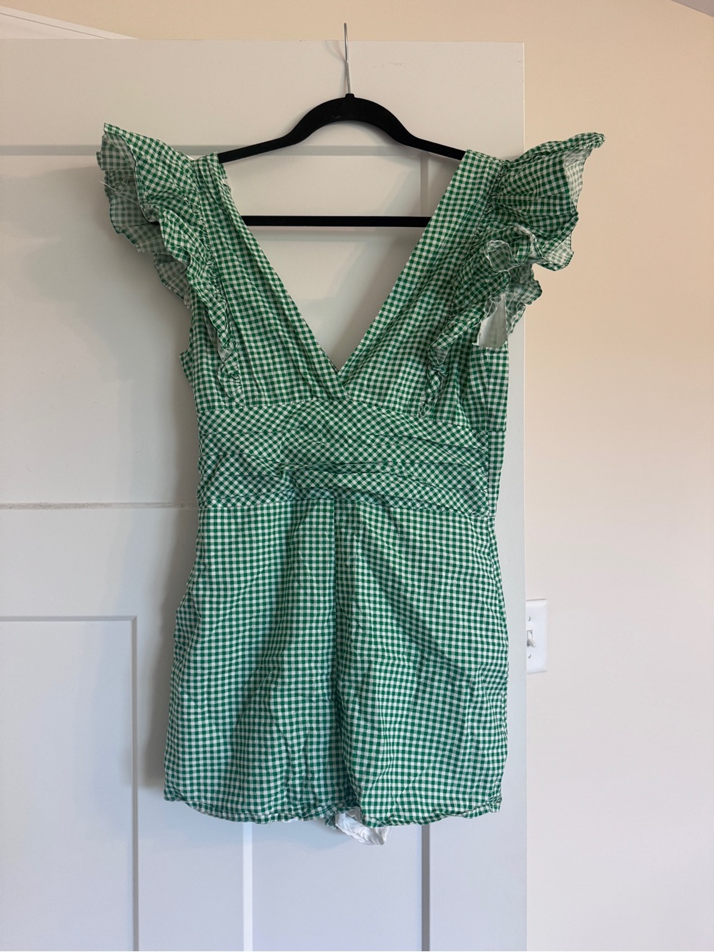 Women’s Green Gingham One-Piece Romper- Vestique Day + Moon - Picture 2 of 3